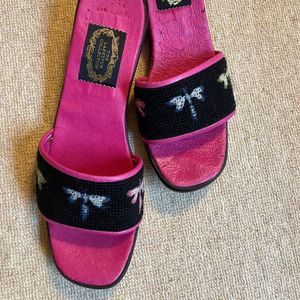 Dragonfly Needlepoint Slides, Worn ONCE.